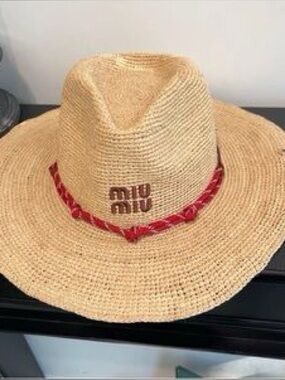 Miu Miu Natural Straw Hat with Red Trim